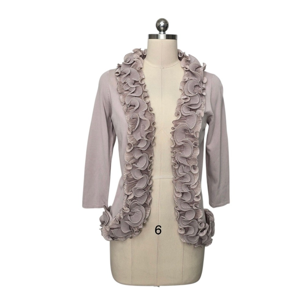Alberto Makali Mauve Taupe Pleated Ruffle Trim Open Front Cardigan Womens Medium